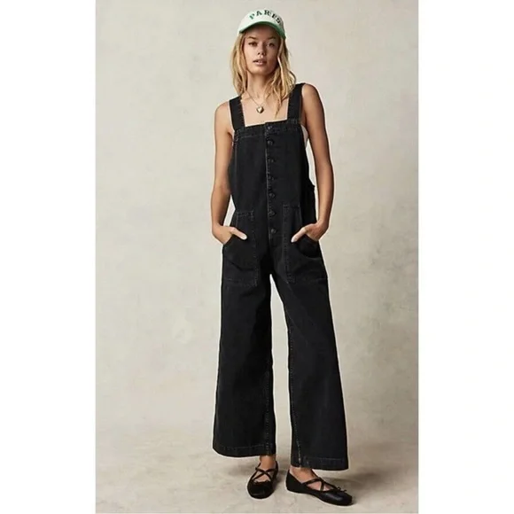 NEW Free People We The Free Fields of Flowers Wide Leg Black Denim Overalls XL - Picture 2 of 15